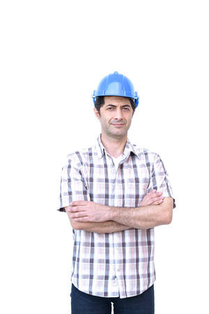 modern architecture worker  young man work today on white backgroundの写真素材