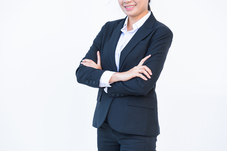 beautiful modern business woman portrait wear black suit white backgroundの写真素材