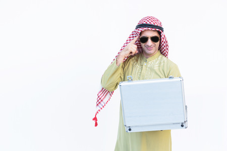 beautiful modern muslim business young man portrait open suitcase white backgroundの写真素材