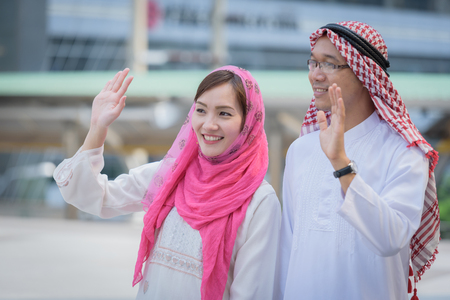 arabian couple greetings when first time to talking about businessの写真素材
