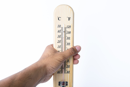 on hand wood Thermometer with white backgrondの写真素材