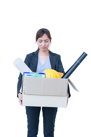 Chinese businesswoman hand holding office equipment on white backgroundの写真素材