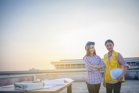 architecture engineer woman standing on top of building structureの写真素材