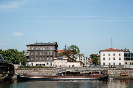 Street of the city of Krakow. The old Town. Public transport on the streets. Trams and buses. Polesha. City center.の写真素材