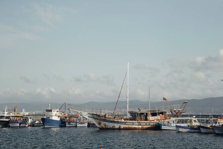 Ship and boat dock in Bulgaria. Black sea coast in Bulgaria near Nessebarの写真素材