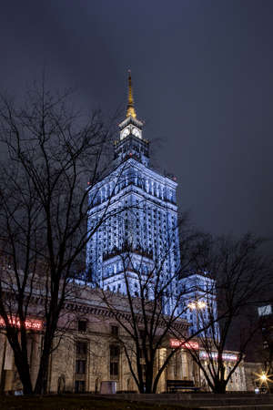 High-rise building. Center of Warsaw Night city. Business center. Warszawa. Poland. Polska. Palace of Culture and Science.のeditorial素材