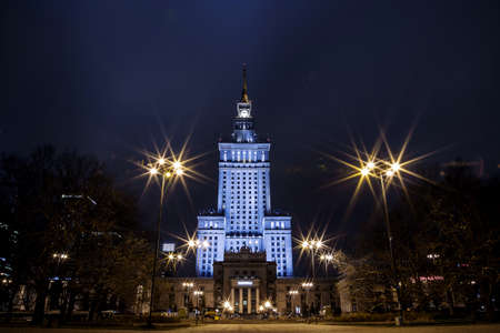 High-rise building. Center of Warsaw Night city. Business center. Warszawa. Poland. Polska. Palace of Culture and Science.のeditorial素材