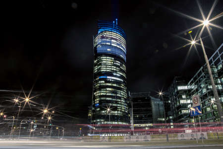 Warsaw Spire. High-rise building. Center of Warsaw Night city. Business center. Warszawa. Poland....