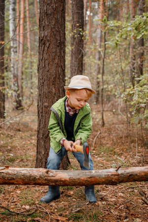 Little boy in a hat in the autumn forest. A boy with an ax near a fallen tree. Woodcutter hold ax.の写真素材