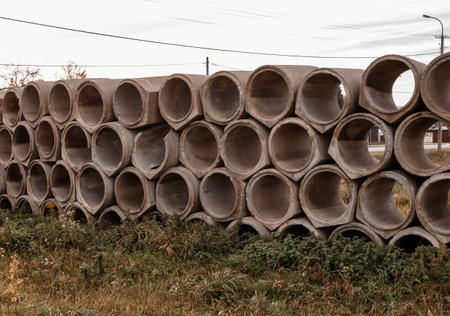 Concrete pipes. The texture is round gray. Materials for construction. Texture.の写真素材