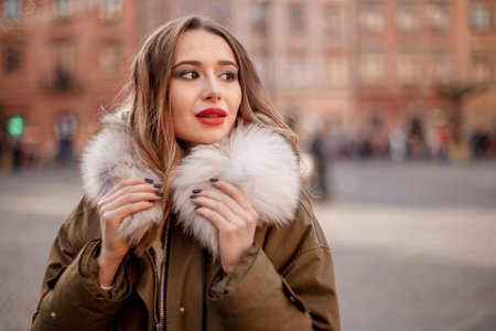 Elegant girl walk in a winter city. Beautiful lady with blond hair. Portrait of beautiful blond woman dressed in warm clothes. A woman wears green puffer jacket with hood, white pants, and boots.の写真素材