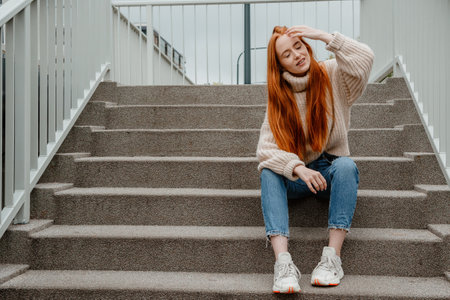 Stylish woman enjoying morning city standing on the famous green footbridge in Warsaw, Poland. Outdoor photo of happy female tourist having fun, exploring attractions.の写真素材