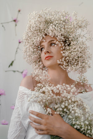 Portrait of sensual blond woman with flowers. Beautiful girl with flowers in her hair. Summer...