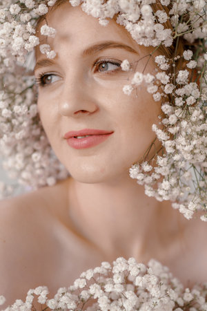 Portrait of sensual blond woman with flowers. Beautiful girl with flowers in her hair. Summer...