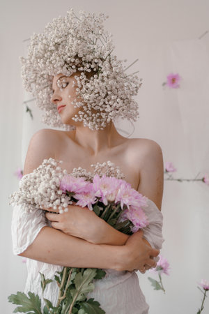 Portrait of sensual blond woman with flowers. Beautiful girl with flowers in her hair. Summer Beauty. Art in a contemporary style. A gypsophila wreath on a white background.の写真素材