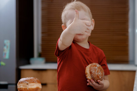 A young child in a red shirt enjoys a traditional Polish paczek, biting into its soft, glazed dough. The sweet treat, often eaten on Fat Thursday, symbolizes indulgence and festive celebration.の写真素材