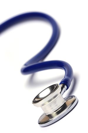blue stethoscope isolated in white backgroundの写真素材