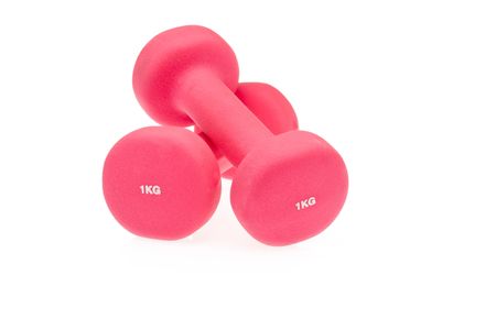 two pink dumbbells isolated on white background の写真素材