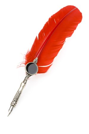 Red Feather quill and inkwell Isolated on white の写真素材