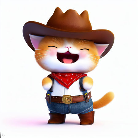 Cute cartoon cat wearing cowboy hat and boots, 3d illustrationの素材