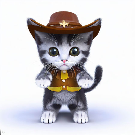 3D Render of a Cute Little Kitten in Cowboy Hatの素材