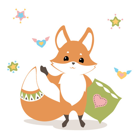 baby fox waving good bye, with pillow, hearts and stars, flat graphicsのイラスト素材