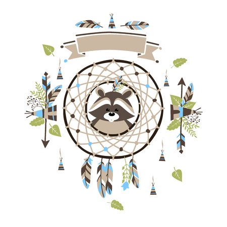 boho style baby raccoon, dream catcher, slogan ribbon, floral decoration, quills, arrowsのイラスト素材