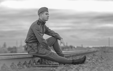 Young Soviet Soldier USSR Border Railway World War 2 Reconstruction Conceptの写真素材
