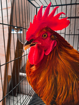 An orange adult male rooster being caged in a cage.