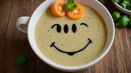 Funny food. Cream soup with vegetable smiley puree soup with a smile as decoration.の素材