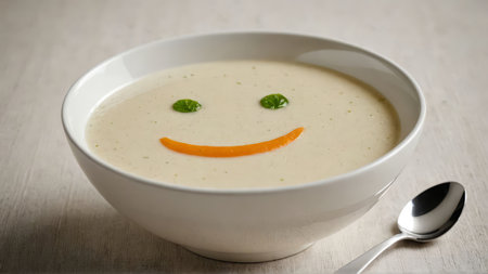 Funny food. Cream soup with vegetable smiley puree soup with a smile as decoration.の素材