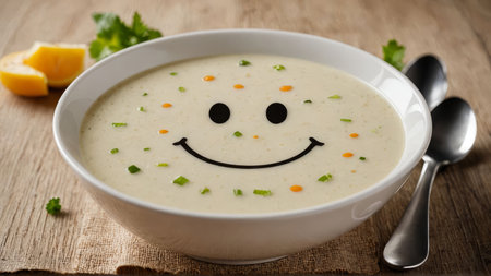 Funny food. Cream soup with vegetable smiley puree soup with a smile as decoration.の素材