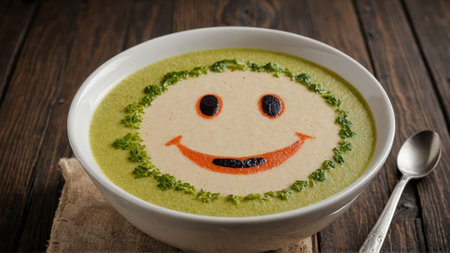 Funny food. Cream soup with vegetable smiley puree soup with a smile as decoration.の素材