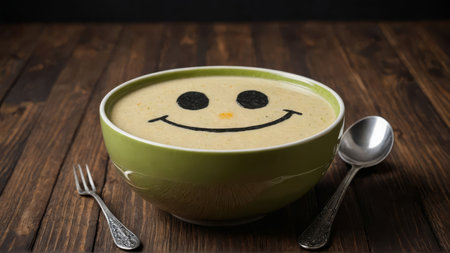 Funny food. Cream soup with vegetable smiley puree soup with a smile as decoration.の素材