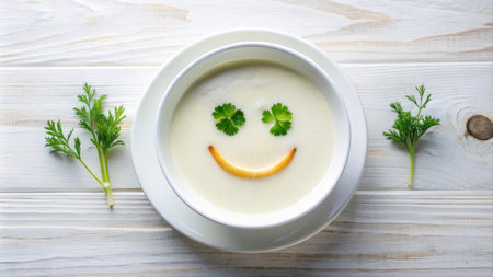 Funny food. Cream soup with vegetable smiley puree soup with a smile as decoration.の素材