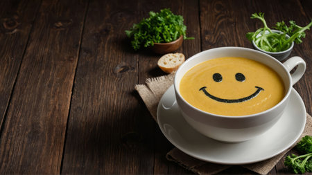 Funny food. Cream soup with vegetable smiley puree soup with a smile as decoration.の素材