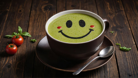 Funny food. Cream soup with vegetable smiley puree soup with a smile as decoration.の素材
