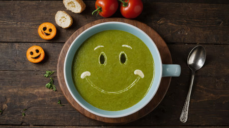 Funny food. Cream soup with vegetable smiley puree soup with a smile as decoration.の素材