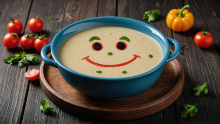 Funny food. Cream soup with vegetable smiley puree soup with a smile as decoration.の素材