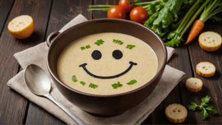 Funny food. Cream soup with vegetable smiley puree soup with a smile as decoration.の素材