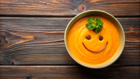 Funny food. Cream soup with vegetable smiley puree soup with a smile as decoration.の素材