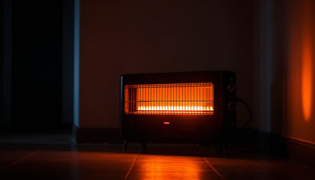 Electric heater glowing orange in a dark room, casting warm shadows on the wallsの素材