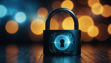 Cybersecurity concept with glowing lock icon on digital network backgroundの素材