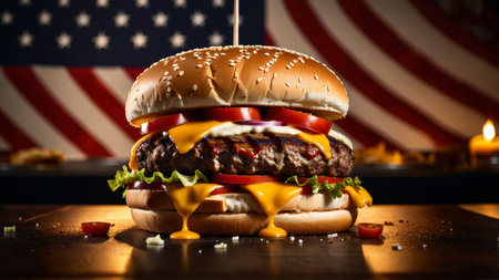 Close-up of Juicy Cheeseburger with American Flag Backgroundの素材