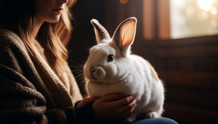 Person Gently Stroking Pet Rabbit in a Peaceful and Warm Environment, animal empathの素材