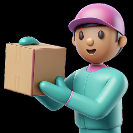3D illustration of delivery person holding a packageの素材