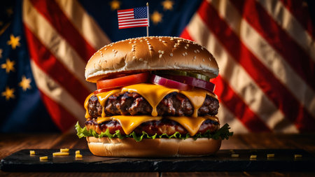 Close-up of Juicy Cheeseburger with American Flag Backgroundの素材