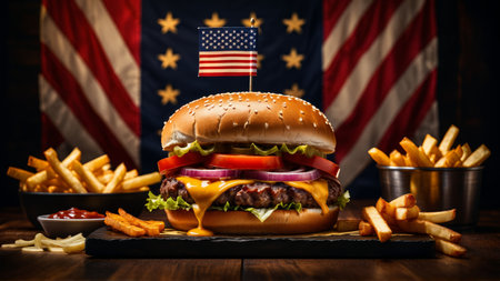 Close-up of Juicy Cheeseburger with American Flag Backgroundの素材