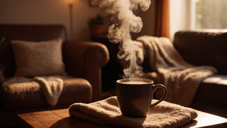 Cozy hot cocoa with rising steam on a wooden table in a softly lit roomの素材