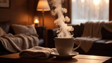 Cozy hot cocoa with rising steam on a wooden table in a softly lit roomの素材